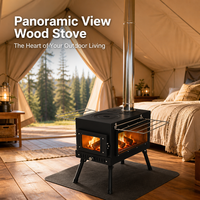Poêle à bois portable pliable en acier au carbone noir 460 avec grande fenêtre de visualisation, plaque de cuisson et grilles métalliques pour le camping