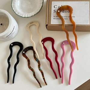 Épingle à cheveux en acétate français en forme de U ondulée avec strass, style national chinois, bâtonnet à cheveux de couleur unie, accessoire capillaire - Product Image 2