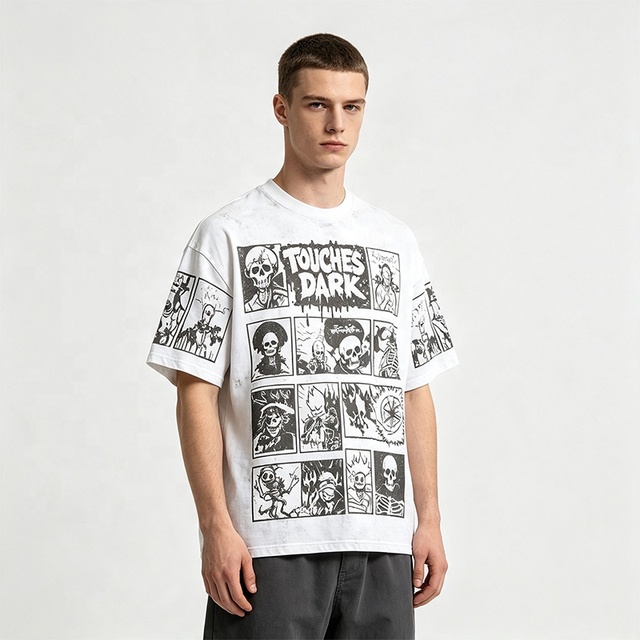 Rainbow Spray Vintage Washed Oversize Men T-Shirt Silk Screen Skull Comic Graphic Print Front Sleeve Streetwear Short Sleeve Tee