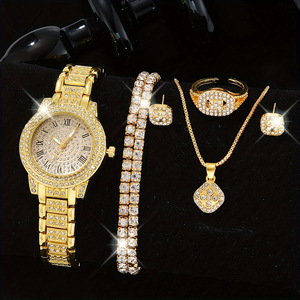 Orologio da Donna di Alta Qualità con Diamanti Incastonati, Set di Gioielli con Numeri a Cuore, Collana, Orecchini, Bracciale, Anello, Orologio da Polso al Quarzo - Product Image 1