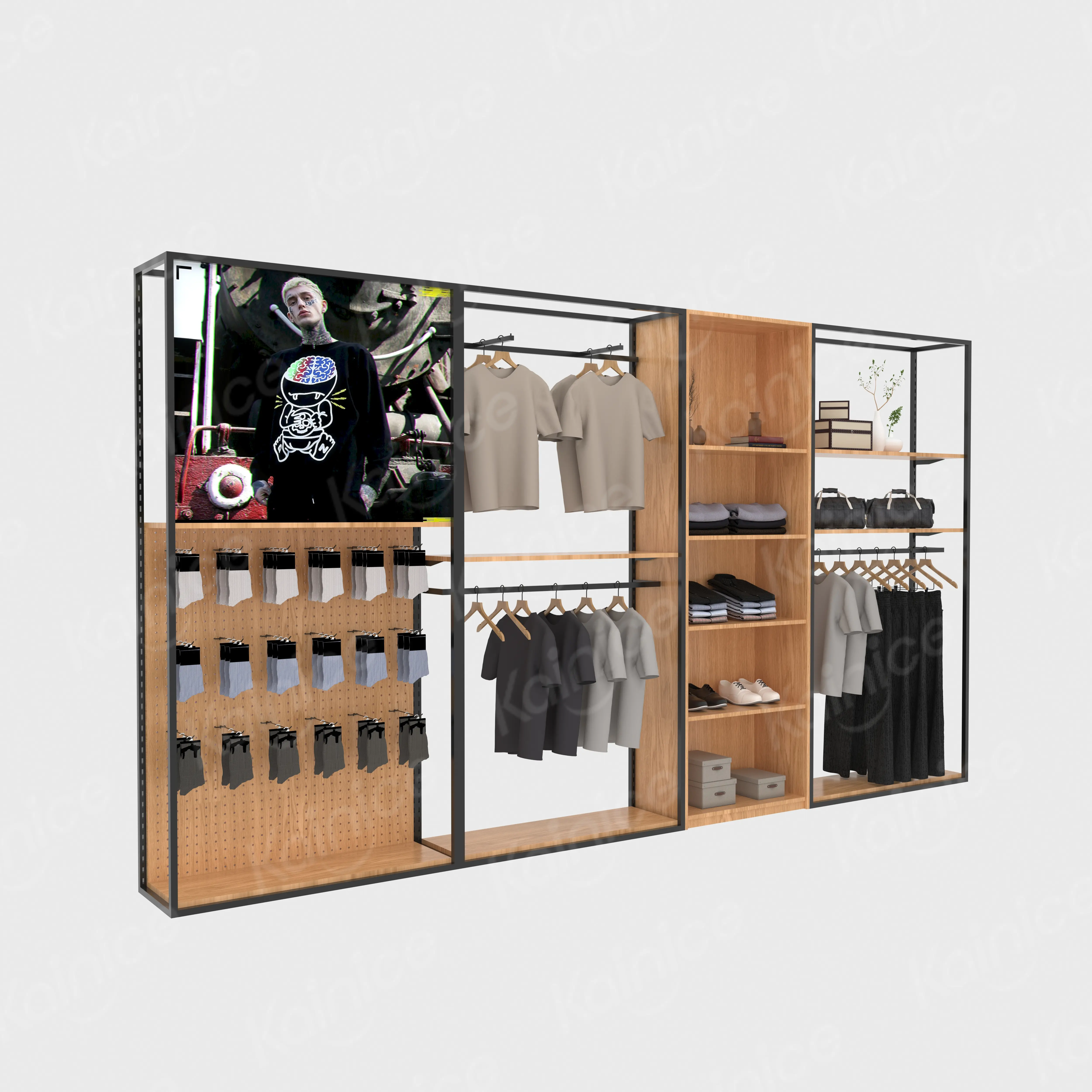 Estante de exhibición de ropa bonita de metal Kainice para tienda de ropa boutique de madera accesorios y estantes soporte de exhibición de ropa