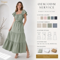 Robe longue Yegao en coton et lin vert doux, col carré, manches bouffantes, à volants étagés pour femme, robes décontractées personnalisées