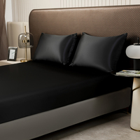 Ensemble de draps plats et ajustés en satin 100% polyester noir et gris brillant de Nantong, 4 pièces