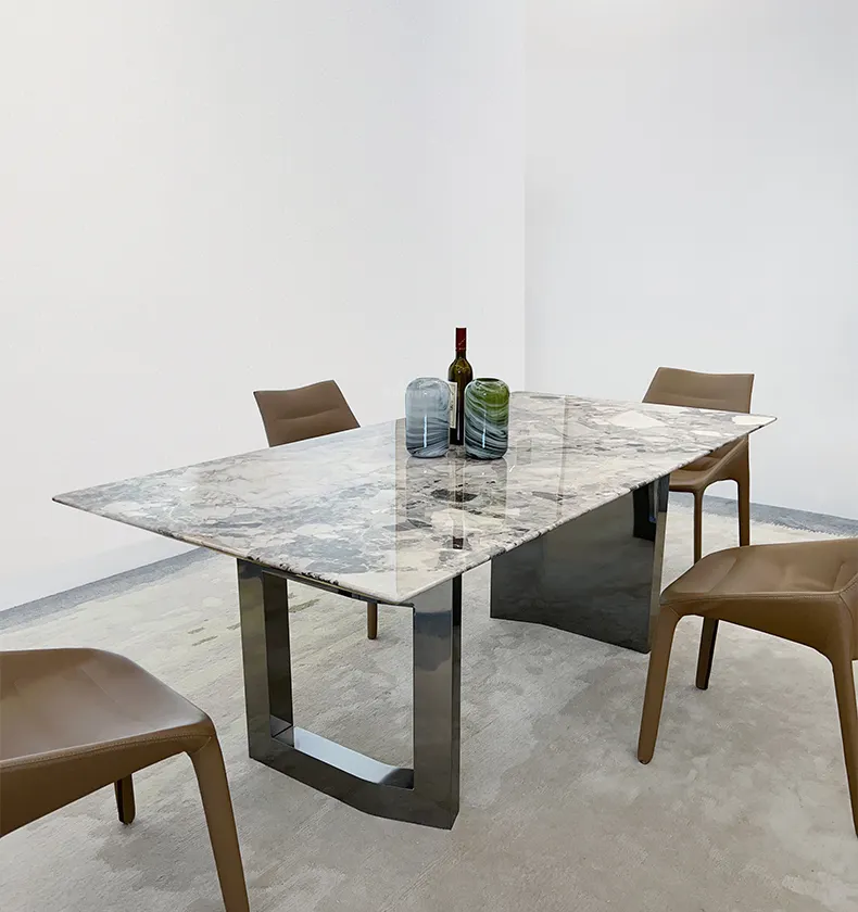 Mesa de comedor de mármol moderna con patas de acero inoxidable, muebles de casa de estilo europeo personalizados