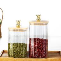 Ensemble de bocaux en verre personnalisés à rayures verticales côtelées, carrés, avec couvercle en forme d'ours, pour le stockage des aliments dans la cuisine