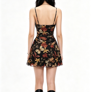 Vestido Mini Personalizado para Mujer, Estilo Vintage, Estampado Floral de Mariposas, Tirantes Finos, Cintura Fruncida, Chifón, para Fiesta - Product Image 2