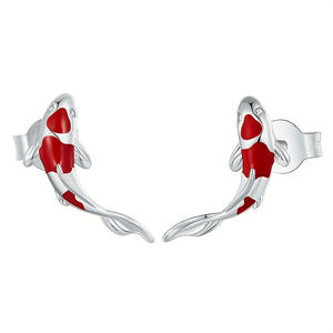 Pendientes de Pescado Koi en Oro Blanco, Plateados en Plata con Piedra Roja, Diseño Animal, Joyería de Moda para Mujer, Regalo - Product Image 3