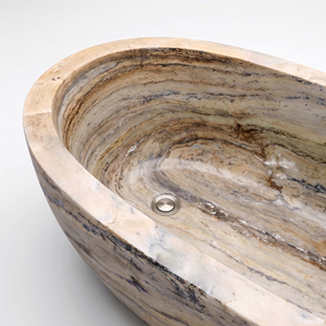 Baignoires ovales modernes de luxe sur mesure, en travertin gris argenté de Perse/Iran, autoportantes, pour salle de bain, style Vila - Product Image 5