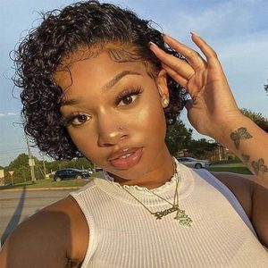 Peluca corta de encaje completo de gran venta, corte pixie, pelucas de cabello humano, peluca trenzada a mano de moda para mujeres <span class=keywords><strong>africanas</strong></span>, cabello humano afro rizado a granel - Product Image 3