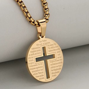 Collier pendentif croix en acier inoxydable populaire-Design ajouré minimaliste avec gravure personnalisée (breloque ronde) - Product Image 4