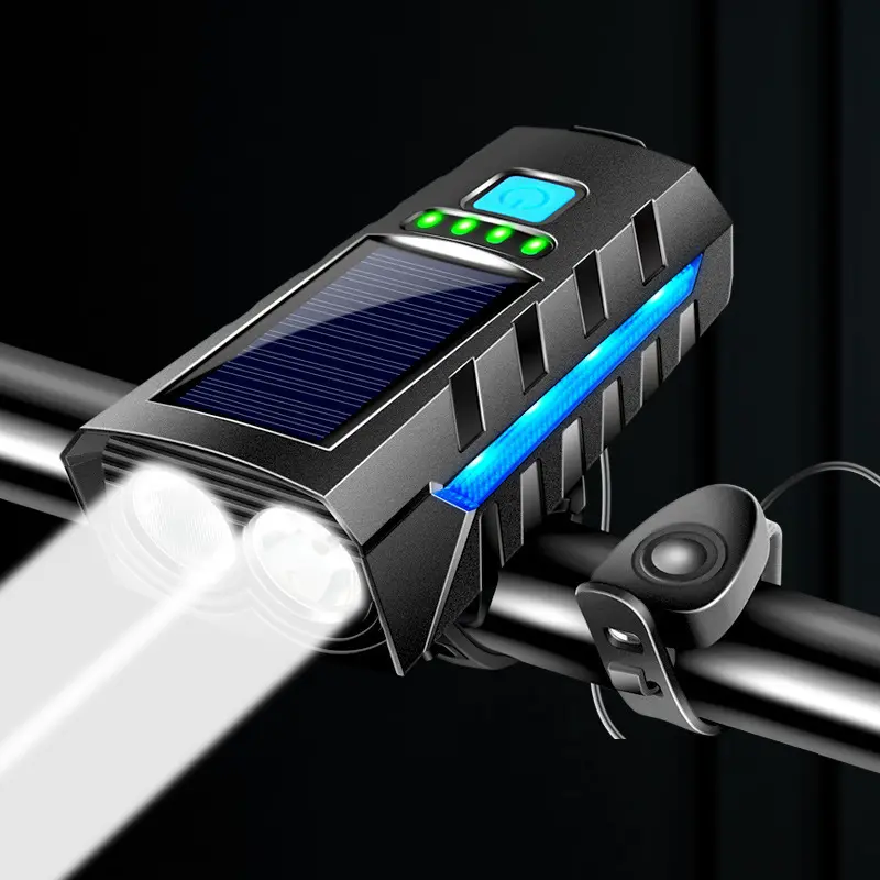 Luz de bicicleta solar recargable por USB, lámpara frontal para bicicleta de montaña y carretera con bocina de 130db, linterna para bicicleta
