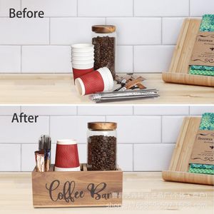 Étagère de rangement pour café en bois d'acacia, rectangulaire, faite à la main, support multifonctionnel pour comptoir de cuisine - Product Image 3