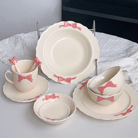 Bol à riz mignon en céramique avec nœud papillon, assiette à gâteau, assiette à dessert, coupelle creuse, résistant au micro-ondes, style féminin