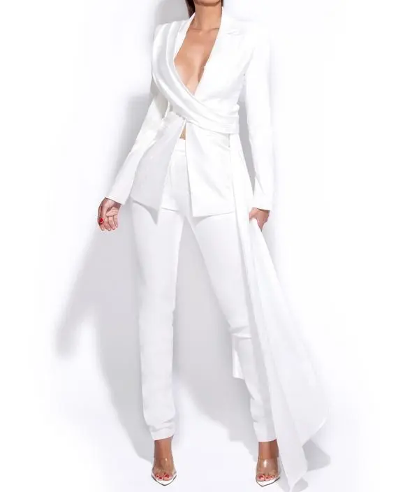 Ladies White Skinny Fit Crepe Coat Tuxedo Pant Suits White Office Formal Business Suits Women