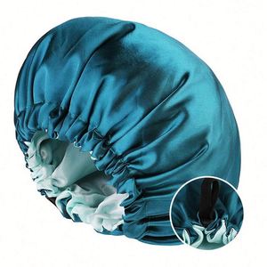Bonnet de nuit carré en satin bicolore avec cordon de serrage et boucle réglable pour femme, idéal pour le soin des cheveux - Product Image 3