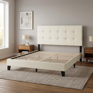 Cadre de lit rembourré moderne avec tête de lit en similicuir et sommier à lattes en bois de pin, design de lit confortable - Product Image 2