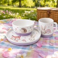 Service de table en porcelaine pour enfant avec base antidérapante en silicone, assiette + bol + tasse en céramique sans BPA pour tout-petit, lavande, 100 % alimentaire