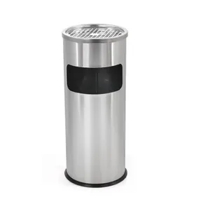 Popular Round Shape Outdoor Waste Bin Silver Stainless Steel Ash Lid Lobby Trash Can Metal Rubbish Bin