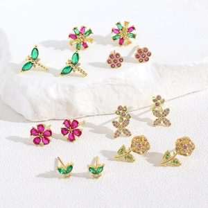 Đầy màu sắc hợp thời trang vàng hoa Stud Bông tai bốn lá cỏ ba lá chuồn chuồn bướm dát Zircon thực vật động vật loạt nhỏ Daisy - Product Image 4