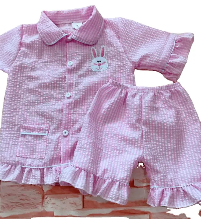 Remake abbigliamento per bambini Bunny ricamo Seersucker tessuto neonata vestiti pasqua Boutique ragazze pigiameria set