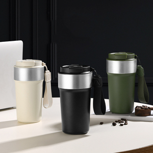 510ml(17oz) Two-Tone Stainless Steel <b>Coffee</b> Tumbler with Carry Strap Flip Spill Proof Lid Travel Insulated Cup Custom Logo - Product Image 3