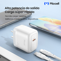 Chargeur rapide USB-C Miccell 20 W compact avec câble C vers C et multiprotocole pour téléphone portable, tablette et ordinateur portable