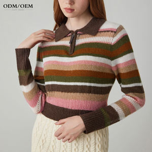 Pull court à rayures en tricot pour femme, nouvelle collection Printemps 2025, style rétro, col à revers, manches longues, style universitaire - Product Image 1