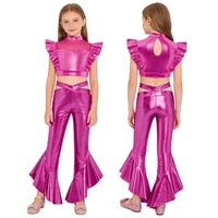Conjunto de Danza para Niñas de 6 a 16 Años, Top Corto Metálico con Pantalones Acampanados, para Clases de Danza, Espectáculos de Jazz, Fiestas Temáticas