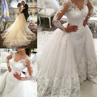 Robe de mariée sirène S122Q 2026 en dentelle, taille mi-haute, blanche, style déesse, luxe léger