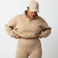 Ensemble 2 pièces pour femme : Sweat-shirt court à demi-zip en polaire et short de cycliste taille haute pour le yoga, style survêtement, vente en gros
