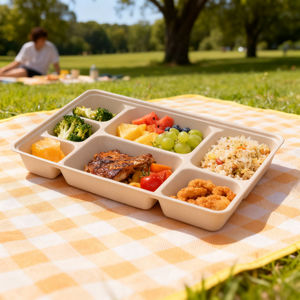 Barquettes et assiettes jetables biodégradables imperméables à six compartiments en pulpe de canne à sucre, qualité commerciale, usage industriel - Product Image 1