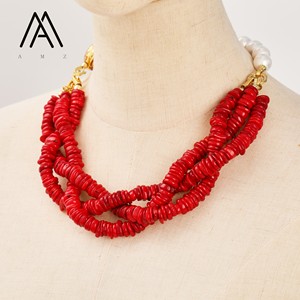 Venta caliente <span class=keywords><strong>Bohomia</strong></span> Style18K Broche de diamante americano chapado en oro Espaciador de coral rojo con cuentas con collar de perlas de concha blanca - Product Image 4