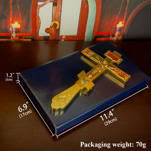 Lieferant für Orthodoxe Kirchen: Altarkreuz mit Jesusfigur auf Sockel, vergoldet mit farbenfrohem Emaille-Dekor, Geschenk für Bischof und Pastor - Product Image 3