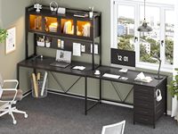 Bureau de jeu en forme de L avec tiroirs, bureau de jeu avec panneau perforé, lumières LED et prise de courant, bureau de maison, noir