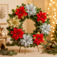 Bunga Poinsettia Buatan Berlapis Glitter Emas Natal 13CM, Aksesoris Untuk Pohon Natal dan Karangan Bunga