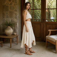 Ensemble deux pièces bohème personnalisé, haut court à volants, jupe midi asymétrique, vacances à la plage, vente en gros, OEM, marque privée, grande taille