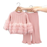 Nouvel ensemble tricoté 2 pièces pour filles, automne-hiver : pull col rond en maille torsadée avec fausse fourrure et pantalon évasé côtelé