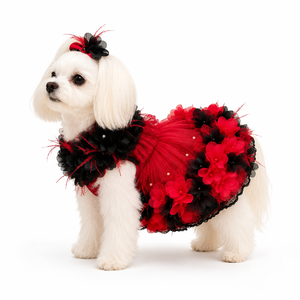 Robe de luxe pour chien, rouge et noir, avec appliques florales 3D, en tulle superposé, pour petite taille, tenue de fête, jupe pour chiot, costume d'anniversaire - Product Image 1