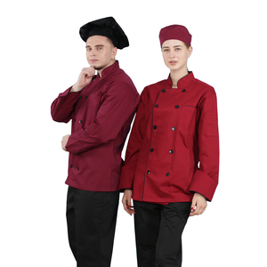 Manteau de chef de bar d'hôtel et de restaurant rouge vin OEM uniforme de chef de serveur avec chapeau - Product Image 4