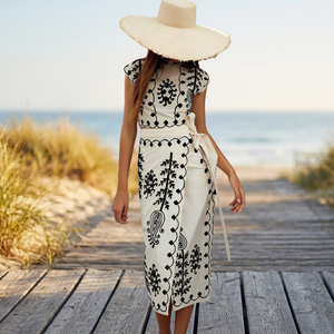 Ensemble deux pièces bohème pour femmes, haut court sans manches et jupe asymétrique avec broderie florale à la main, tenue printemps-été - Product Image 3
