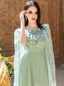 Vestido Largo <span class=keywords><strong>Verde</strong></span> Menta con Adornos Aplicados a Mano, Moda Modesta OEM/ODM, Textura Lujosa con Cristales, Alta Calidad, para Eid - Product Image 5