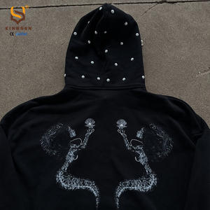 เสื้อฮู้ดดี้ผู้ชายไซส์พลัสแบบสั่งทำพิเศษ ทรงโอเวอร์ไซส์ แต่งลายปักแบบวินเทจ ซักทำให้ดูเก่า  ประดับคริสตัลเต็มตัว ซิปแบบเต็มตัว - Product Image 3