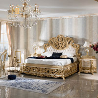 Ensemble de chambre à coucher royal européen de luxe, style rococo, lit en bois et cuir de taille reine, meubles de chambre à coucher, lit double