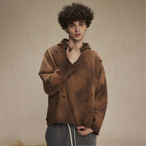 American Style High Street Loose Old Retro Rip <strong>Rap</strong> Edge Solid Terry Hooded Sweatshirt Jacket <strong>Boys</strong> Autumn 100% Cotton Distressed - Product Image 3