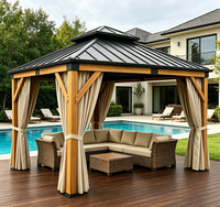 Gazebo robuste en cèdre avec toit rigide et rideaux d'intimité, auvent extérieur toutes saisons pour cuisines de jardin et repas en terrasse