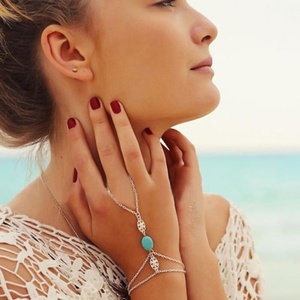 Pulsera <span class=keywords><strong>de</strong></span> moda chapada en <span class=keywords><strong>plata</strong></span> para mujer, cadena <span class=keywords><strong>de</strong></span> metal con cuentas verdes, anillo <span class=keywords><strong>de</strong></span> dedo esclavo - Product Image 1