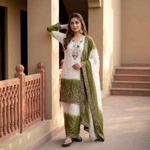 Conjunto de Salwar Kameez de Georgette con Bordado Floral de Dos Tonos para Mujer, Kurti, Palazzo, Dupatta, Traje para Boda o Fiesta, Largo hasta la Rodilla - Product Image 1