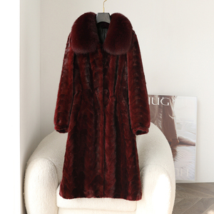 Abrigo de visón elegante y de moda personalizado cálido y cómodo lujoso cuello de piel de zorro abrigo largo de piel de visón para mujer - Product Image 4