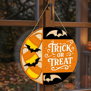 Letrero Redondo de Madera en Capas para Puerta de Halloween, Decoración para el Hogar con Diseño de Truco o Trato, Caramelo, Maíz y Murciélago, para Colgar en la Puerta Principal o Pared - Product Image 5
