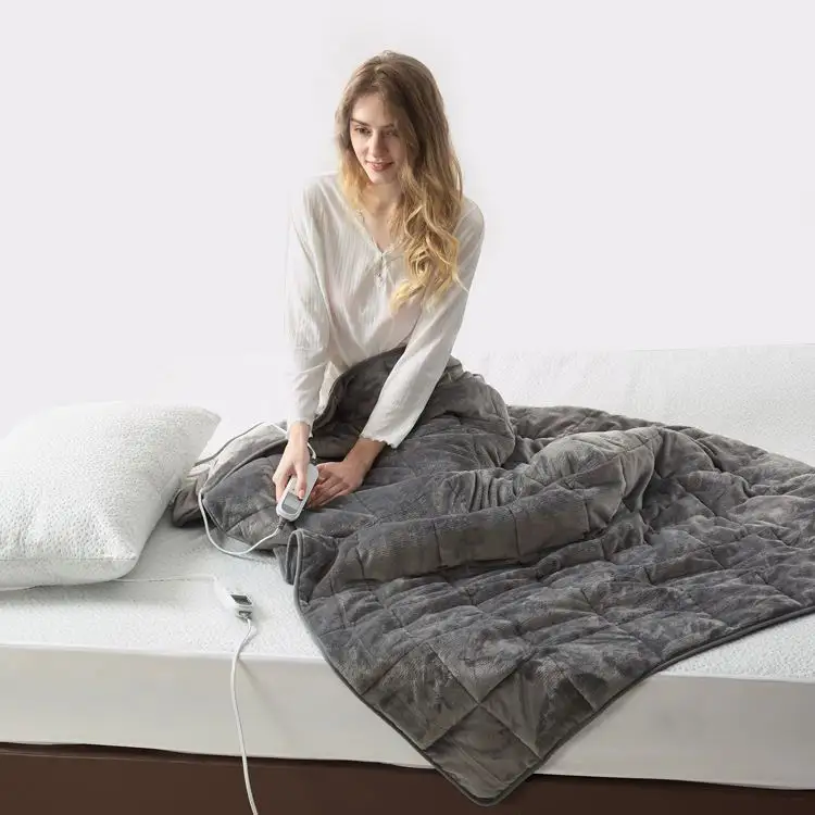 Heated Weighted Blanket Flannel Weighted Blanket Grey Microfiber Fabric Adults Winter Electric Blanket Plain Home Appliance Solid Quilted